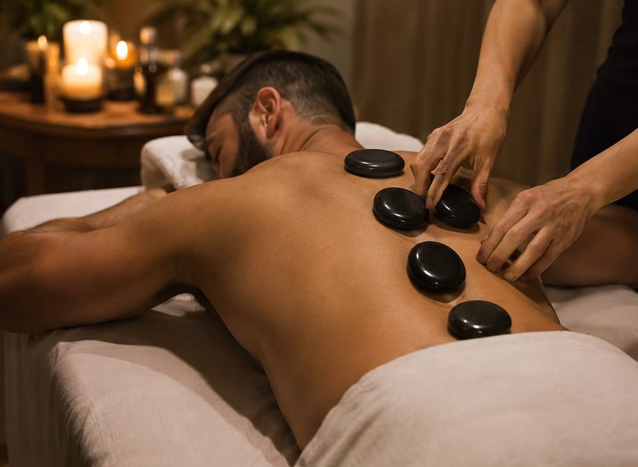 Massagem com pedras quentes nas costas